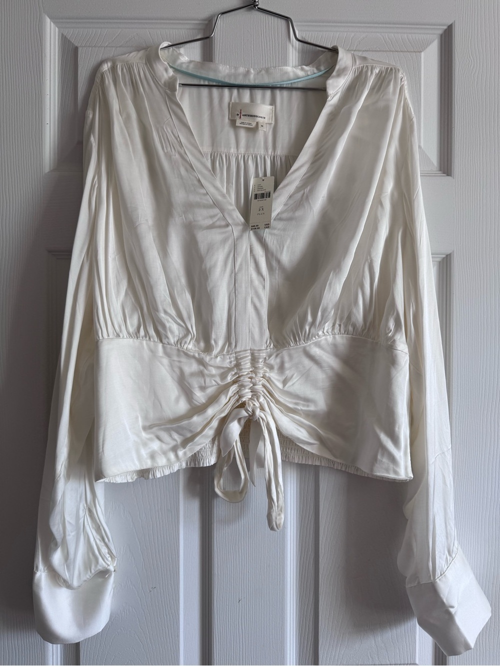Anthropologie Plus Ivory Drawstring V-Neck Long Sleeve Blouse. Size: 2x